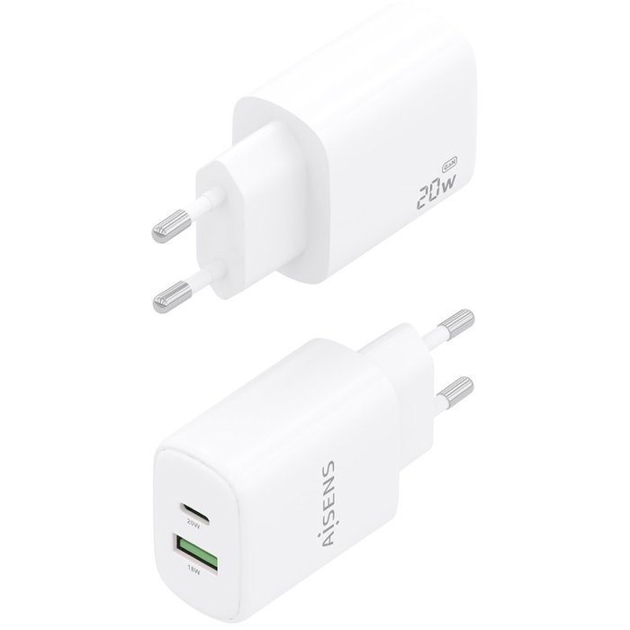 Aisens Cargador GaN 20W con USB-C PD3.0 y USB-A QC3.0, Blanco